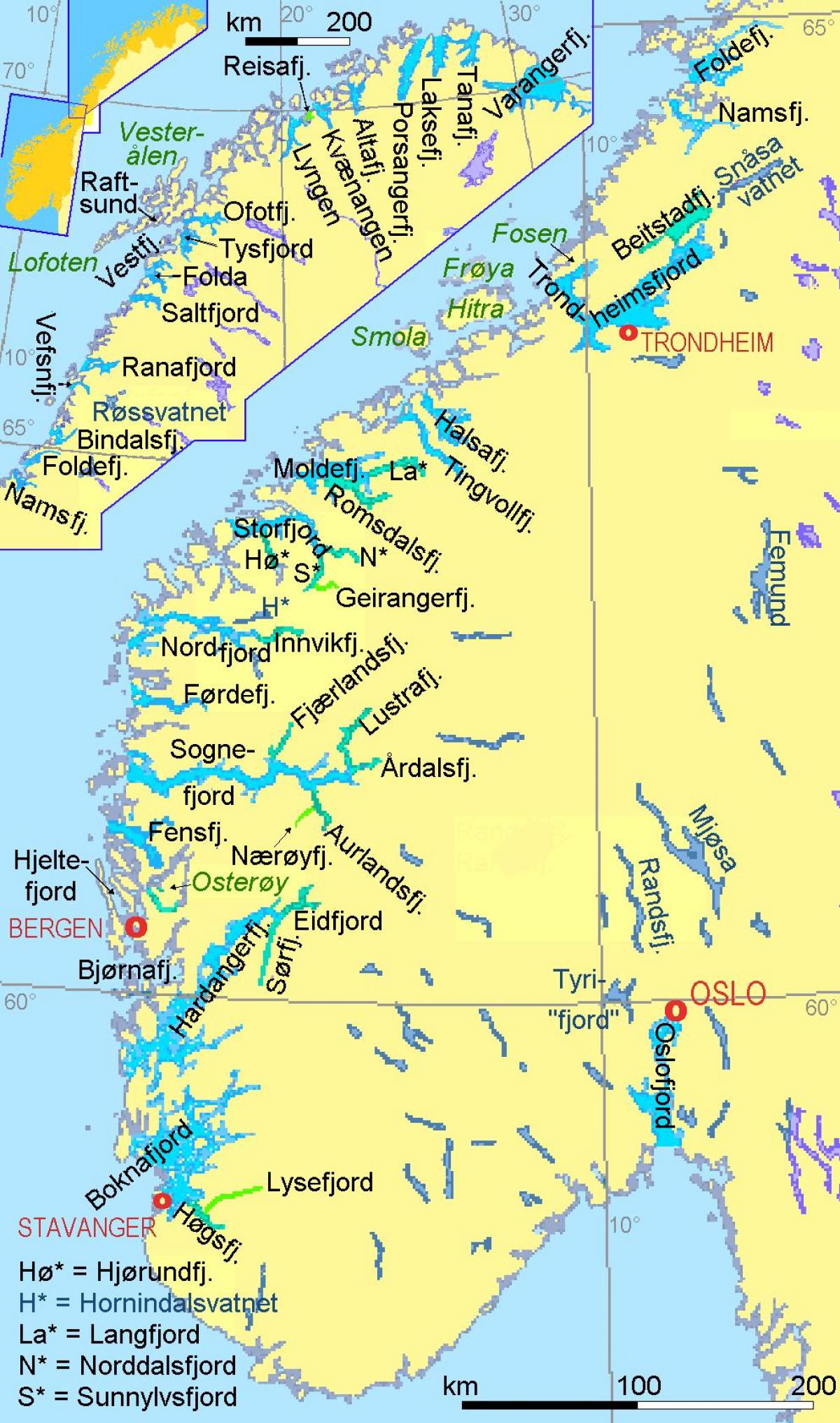harta e Norvegjisë treguar fjords