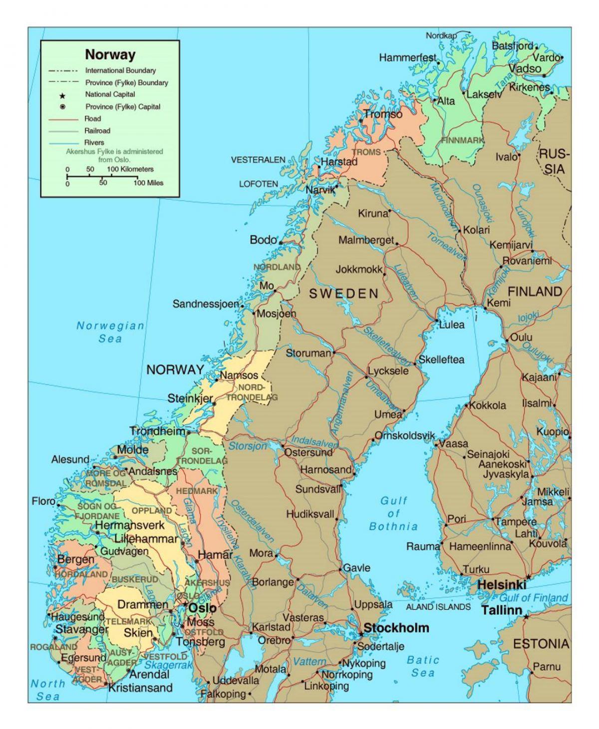 harta e Norvegjisë me qytetet